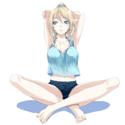 Rule 34 | 10s, 1girl, absurdres, armpits, arms behind head, arms up, ayase eli, bare legs, barefoot, blonde hair, blue eyes, breasts, collarbone, feet, full body, highres, indian style, large breasts, legs, long legs, love live!, love live! school idol festival, love live! school idol project, md5 mismatch, midriff peek, navel, ponytail, resolution mismatch, short shorts, shorts, simon (n.s craft), simple background, sitting, solo, source smaller, stretching, sweat, tank top, toes, white background