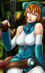 Rule 34 | 1girl, bare shoulders, belt, blue eyes, breasts, breath of fire, breath of fire v, cat tail, detached sleeves, gloves, gun, handgun, large breasts, lin, lin (breath of fire), orange hair, revolver, solo, tail, thighhighs, trigger discipline, weapon