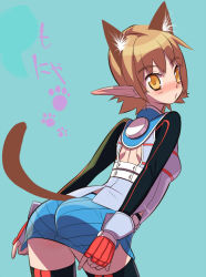 Rule 34 | 1girl, animal ears, ass, bad id, bad pixiv id, black thighhighs, blue background, blush, cat ears, cat tail, fingerless gloves, flat chest, from behind, gloves, leaning forward, light brown hair, long sleeves, looking back, nose blush, o3o, original, paw print, pencil skirt, phantasy star, phantasy star universe, pointy ears, simple background, skirt, solo, standing, tail, tensugi takashi, thighhighs, yellow eyes, zettai ryouiki