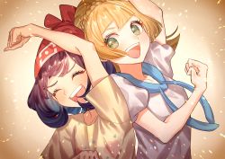Rule 34 | 2girls, absurdres, arm up, beanie, black hair, blonde hair, blush, braid, clenched hand, closed eyes, collarbone, commentary request, creatures (company), eyelashes, floral print, game freak, gotcha!, green eyes, happy, hat, highres, lillie (pokemon), looking at another, md5 mismatch, multiple girls, nintendo, open mouth, pokemon, pokemon sm, red headwear, resolution mismatch, selene (pokemon), shirt, short sleeves, source smaller, teeth, tongue, upper body, yellow shirt, yoshiyoshiwa