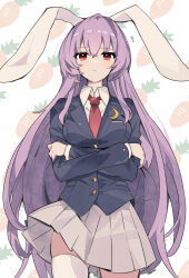 Rule 34 | 1girl, absurdres, animal ears, black jacket, blazer, breasts, closed mouth, collared shirt, cowboy shot, crescent, crescent pin, crossed arms, highres, jacket, long hair, long sleeves, looking at viewer, medium breasts, necktie, necono (nyu6poko), pleated skirt, purple hair, rabbit ears, rabbit girl, red eyes, red necktie, reisen udongein inaba, shirt, simple background, skirt, solo, standing, thighhighs, touhou, very long hair, white background, white shirt, white thighhighs