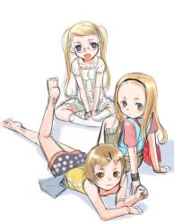 Rule 34 | 3girls, barefoot, blonde hair, blue eyes, feet, lying, multiple girls, on stomach, sketch, sleeve, sody, soles, toes, twintails