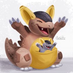 Rule 34 | artist name, commentary, creatures (company), eric proctor, closed eyes, full body, game freak, gen 1 pokemon, hands up, kangaskhan, nintendo, no humans, open mouth, pokemon, pokemon (creature), pouch, signature, standing