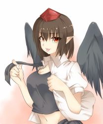 Rule 34 | 1girl, bird wings, black wings, breasts, brown hair, cleavage, dress shirt, from side, groin, hat, koro (tyunnkoro0902), large breasts, looking at viewer, looking to the side, midriff, navel, open clothes, open shirt, pointy ears, puffy short sleeves, puffy sleeves, red eyes, shameimaru aya, shirt, short hair, short sleeves, smile, solo, tank top, tokin hat, tongue, tongue out, touhou, upper body, white shirt, wings