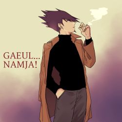 Rule 34 | 1boy, beige background, black sweater, brown coat, cigarette, coat, coat on shoulders, commentary request, cowboy shot, danganronpa (series), danganronpa v3: killing harmony, dangyu (danganpa), facial hair, from side, goatee, gradient background, grey pants, hand in pocket, highres, holding, holding cigarette, long sleeves, male focus, momota kaito, open clothes, open coat, open mouth, pants, profile, purple background, purple hair, smoking, solo, spiked hair, sweater, translation request, turtleneck, turtleneck sweater