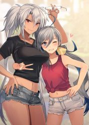 Rule 34 | 2girls, ahoge, alternate costume, black nails, black shirt, blue shorts, blurry, blurry background, blush, breasts, closed mouth, collarbone, commission, dark-skinned female, dark skin, unworn eyewear, grey eyes, grey hair, grey shorts, grin, height difference, holding, holding removed eyewear, kantai collection, kasumi (skchkko), kiyoshimo (kancolle), looking at viewer, low twintails, medium breasts, midriff, multiple girls, musashi (kancolle), musashi kai ni (kancolle), nail polish, navel, one eye closed, red eyes, red shirt, shirt, shorts, skeb commission, smile, tan, twintails