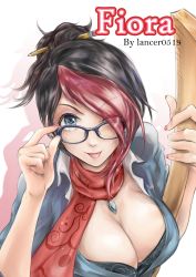 Rule 34 | 1girl, ;p, adjusting eyewear, alternate costume, alternate hairstyle, artist name, bespectacled, black-framed eyewear, black bra, black hair, blue eyes, bra, breasts, character name, cleavage, erementa, eyes visible through hair, female focus, fiora (league of legends), glasses, hair ornament, headmistress fiora, high ponytail, holding, jewelry, lace, lace-trimmed bra, lace trim, large breasts, league of legends, looking at viewer, multicolored hair, nail polish, necklace, one eye closed, pencil, pendant, ponytail, red hair, ruler, scarf, shadow, short ponytail, solo, teacher, tongue, tongue out, two-tone hair, underwear, upper body