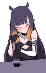Rule 34 | 1girl, absurdres, bare shoulders, black dress, blush, closed eyes, cup, daydarion, detached sleeves, dress, flat chest, fur choker, highres, hololive, hololive english, ink, long hair, ninomae ina&#039;nis, pointy ears, purple hair, single detached sleeve, smile, solo, squeezing, strapless, strapless dress, tentacle hair, tube dress, virtual youtuber
