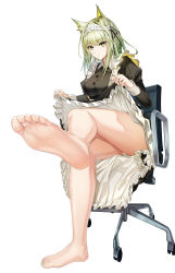 Rule 34 | 1girl, absurdres, animal ears, arknights, barefoot, breasts, chair, clothes lift, feet, female focus, foot up, green eyes, highres, kal&#039;tsit (arknights), large breasts, long hair, looking at viewer, maid, panties, pantyshot, sitting, skirt, skirt lift, soles, solo, toes, underwear, white background