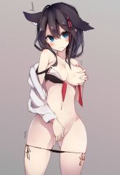 Rule 34 | 10s, 1girl, animal ears, bikini, bikini pull, black hair, blue eyes, blush, breasts, clothes pull, collarbone, commentary request, covering privates, covering breasts, cowboy shot, ear visible through hair, ears visible through hair, grabbing own breast, hair between eyes, hair ornament, harenchi, implied fingering, kantai collection, legs apart, long hair, looking at viewer, medium breasts, micro bikini, navel, open clothes, shigure (kancolle), shigure kai ni (kancolle), shirt, simple background, solo, standing, stomach, swimsuit, trembling, wardrobe malfunction, white shirt
