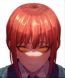 Rule 34 | 1girl, chainsaw man, closed mouth, collared shirt, commentary request, eyelashes, highres, kokollet, looking at viewer, makima (chainsaw man), portrait, red hair, ringed eyes, shirt, simple background, smile, solo, white background, white shirt, yellow eyes