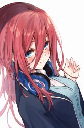 Rule 34 | 1girl, blue cardigan, blue eyes, blue jacket, blush, breasts, brown hair, buttons, cardigan, closed mouth, collared shirt, commentary request, diieru, go-toubun no hanayome, hair between eyes, headphones, headphones around neck, highres, jacket, large breasts, long hair, looking at viewer, looking up, nakano miku, open clothes, open jacket, school uniform, shadow, shirt, sidelocks, simple background, solo, uniform, upper body, white background, white shirt