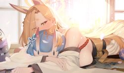 Rule 34 | 1girl, absurdres, animal ears, blonde hair, blue archive, breasts, chise (blue archive), derk, doll, fox ears, halo, highres, horns, japanese clothes, japanese text, kaho (blue archive), kimono, large breasts, looking at viewer, lying, peroro (blue archive), photo (object), sleeveless, sleeveless kimono, solo, yellow eyes, yellow halo
