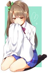 Rule 34 | 10s, 1girl, bow, bowtie, brown eyes, brown hair, collared shirt, commentary request, green bow, hair bow, heart, highres, kneehighs, ksk (semicha keisuke), long hair, long sleeves, love live!, love live! school idol project, minami kotori, no shoes, one side up, school uniform, shirt, sitting, skirt, smelling, socks, solo, striped bow, striped bowtie, striped clothes, striped neckwear, unworn shirt, white shirt
