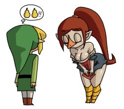Rule 34 | 1boy, 1girl, beak, blonde hair, bowing, breasts, brown hair, cleavage, hat, leaning forward, link, long hair, looking at breasts, medli, minuspal, monster girl, nintendo, aged up, pointy ears, ponytail, rito, simple background, the legend of zelda, the legend of zelda: the wind waker, toon link, white background