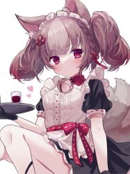 Rule 34 | 1girl, animal ear fluff, animal ears, apron, bell, black dress, black gloves, braid, brown hair, center frills, collar, cup, detached collar, dress, drinking glass, feet out of frame, fox ears, fox girl, fox tail, frilled apron, frills, gloves, grey hair, highres, holding, holding tray, jingle bell, karunabaru, kitsune, knees together feet apart, maid, maid headdress, multicolored hair, neck bell, pleated dress, puffy short sleeves, puffy sleeves, red collar, red eyes, sekka (shadowverse), shadowverse, short sleeves, simple background, solo, tail, thick eyebrows, tray, twintails, two-tone hair, white apron, white background, wing collar