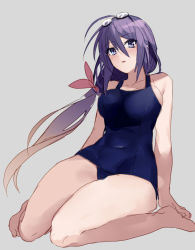 Rule 34 | 1girl, ariake (kancolle), blue eyes, blue one-piece swimsuit, breasts, goggles, goggles on head, grey background, hair between eyes, hair ribbon, kantai collection, large breasts, long hair, one-hour drawing challenge, one-piece swimsuit, parted lips, picoli1313, ponytail, red ribbon, ribbon, simple background, sitting, sketch, solo, swimsuit