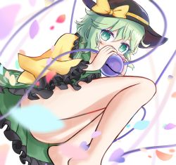 Rule 34 | 1girl, absurdres, ass, bad id, bad pixiv id, barefoot, blurry, bright pupils, convenient censoring, covered mouth, depth of field, eyebrows hidden by hair, feet out of frame, frills, green eyes, green hair, hat, highres, hire (uret4788), komeiji koishi, petals, shirt, short hair, skirt, solo, third eye, touhou, upskirt, wide sleeves, yellow shirt