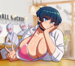 Rule 34 | 1girl, 4others, :t, absurdres, black choker, black hair, blue eyes, blunt bangs, blush, bra, breast rest, breasts, breasts on table, bursting breasts, cafe, choker, cleavage, commentary, crowd, english commentary, faceless, head rest, highres, huge breasts, looking at another, looking at viewer, multiple others, mun (mai munah), munah munah, nose blush, original, partially unbuttoned, pink bra, short hair, solo focus, underwear, v
