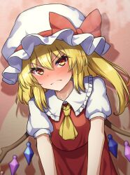 Rule 34 | 1girl, absurdres, ascot, blush, bow, brown background, closed mouth, crystal, flandre scarlet, hat, hat bow, highres, looking at viewer, medium hair, mob cap, one side up, red bow, red eyes, red skirt, red vest, shirt, short sleeves, skirt, solo, touhou, v-shaped eyebrows, vest, white hat, white shirt, wings, yellow ascot, yosshy