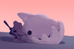 Rule 34 | gradient background, gun, justin chan, melting (nuclear throne), nuclear throne, official art, sitting, skeleton, skull, solo, weapon