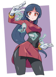 Rule 34 | 1girl, bent spoon, betuni, black bodysuit, black hair, blunt bangs, bodysuit, breasts, bright pupils, closed mouth, commentary, creatures (company), crop top, eyelashes, floating hair, game freak, gloves, hand up, long hair, long sleeves, looking at viewer, nintendo, pokemon, pokemon frlg, purple background, red eyes, red skirt, sabrina (pokemon), side slit, simple background, skirt, solo, spoon, telekinesis, turtleneck, white background, white gloves, white pupils