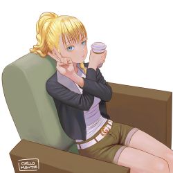 Rule 34 | 10s, 1girl, absurdres, asobi asobase, belt, blonde hair, blue eyes, breasts, carlo montie, closed mouth, coffee, couch, dutch angle, highres, jacket, long sleeves, looking at viewer, medium breasts, olivia (asobi asobase), ponytail, shirt, shorts, signature, solo, v, white background