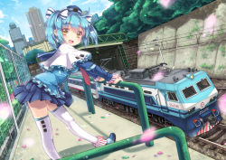 Rule 34 | 1girl, :d, absurdres, aqua hair, building, bush, china railway girl, china railway girl chapter csr, day, dutch angle, hair ornament, hair ribbon, hat, highres, locomotive, long sleeves, looking at viewer, necktie, north abyssor, open mouth, original, personification, petals, railroad tracks, ribbon, sky, skyscraper, smile, solo, standing, standing on object, thighhighs, train, tunnel, twintails, white thighhighs, yellow eyes