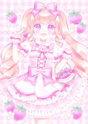 Rule 34 | 1girl, :d, apron, basket, blush, bow, brown hair, collared shirt, commentary request, dress, flower, food, frilled apron, frilled dress, frilled shirt collar, frills, fruit, hair bow, hands up, himetsuki luna, holding, holding food, long hair, open mouth, original, pink background, pink bow, pink dress, plaid, plaid background, plaid dress, puffy short sleeves, puffy sleeves, purple eyes, shirt, short sleeves, sleeveless, sleeveless dress, smile, solo, sparkle, strawberry, twintails, very long hair, waist apron, white apron, white flower, white shirt, wrist cuffs