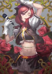 Rule 34 | 10s, 1girl, ;o, absurdres, arm up, black bow, black vest, bow, cowboy shot, crop top, floral background, flower, gloves, hair bow, hair flower, hair ornament, highres, hiyashi mirano, idol, looking at viewer, love live!, love live! school idol festival, love live! school idol project, microphone, navel, nishikino maki, no brand girls, one eye closed, open clothes, open vest, pink eyes, plant, puffy short sleeves, puffy sleeves, purple flower, purple rose, red flower, red hair, red rose, rose, short sleeves, skirt, solo, stomach, thorns, vest, vines, white gloves, white skirt