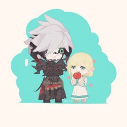 Rule 34 | ..., 1boy, 1girl, 7nite, apple, aqua background, armor, artist name, au ra, black cape, black sclera, blonde hair, body armor, cape, chibi, child, chinese commentary, colored sclera, commentary, eating, elezen, elf, final fantasy, final fantasy xiv, flower (symbol), food, fruit, full armor, full body, gauntlets, greaves, green eyes, hair over one eye, highres, holding, holding food, holding fruit, horns, medium hair, one eye covered, pale skin, pointy ears, rielle de caulignont, ringed eyes, robe, sabaton, scales, short hair, shoulder armor, sidurgu orl, simple background, spiked hair, spoken ellipsis, swept bangs, waist cape, white background, white footwear, white hair, white robe