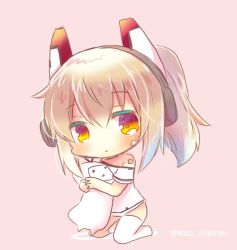 Rule 34 | 1girl, ayanami (azur lane), ayanami (niconico) (azur lane), azur lane, bandaid, bandaid on arm, bare shoulders, blush, brown background, chibi, closed mouth, commentary request, full body, hair between eyes, head tilt, headgear, headphones, kneeling, kou hiyoyo, light brown hair, long hair, looking at viewer, niconico, no shoes, hugging object, off shoulder, red eyes, shirt, short sleeves, side ponytail, sidelocks, single thighhigh, solo, terebi-chan, thighhighs, twitter username, white shirt, white thighhighs