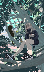 Rule 34 | 1girl, animal, black cat, black fur, blonde hair, book, cat, clock, coffee cup, cup, disposable cup, foliage, highres, holding, holding animal, holding cat, in tree, leaf, original, seraphitalg, sitting, tree, branch, white cat, white fur, window
