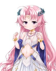 Rule 34 | 1girl, ahoge, blush, bracelet, clenched hands, clothing cutout, collarbone, commentary request, cross, flat chest, hands up, highres, iris (sennen sensou aigis), jewelry, laurel crown, long hair, moegi nenene, navel, navel cutout, necklace, pink hair, purple eyes, ring, sennen sensou aigis, simple background, solo, tears, very long hair, wavy mouth, white background