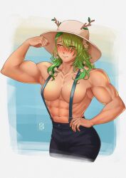 Rule 34 | 1girl, abs, biceps, blue background, blush, border, breasts, flower, frown, green eyes, green hair, hair flower, hair ornament, hand on own hip, hat, highres, iskaydi, large breasts, muscular, muscular female, solo, suspenders, toned, twig, white border