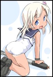Rule 34 | 10s, 1girl, all fours, ass, blonde hair, blue eyes, blush, flower, hair flower, hair ornament, ham (points), kantai collection, long hair, looking back, one-piece swimsuit, ro-500 (kancolle), school swimsuit, shoes, simple background, smile, solo, swimsuit, tan, tanline, torpedo, white one-piece swimsuit, white school swimsuit