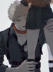 Rule 34 | 1boy, 1girl, black neckwear, black skirt, blonde hair, chidouin sara, collar, grey background, hand on another&#039;s head, hand on another&#039;s leg, inuyama (inuhill), kimi ga shine, long sleeves, looking at viewer, necktie, open mouth, orange hair, pleated skirt, red collar, shinogi keiji, shirt, simple background, skirt, yellow eyes