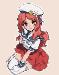 Rule 34 | 1girl, blue sailor collar, brown eyes, brown hair, frilled thighhighs, frills, gloves, hand on own face, hat, hip vent, kangoku kou, kantai collection, long hair, one-hour drawing challenge, pleated skirt, puffy short sleeves, puffy sleeves, red skirt, sailor collar, sailor hat, sailor shirt, shirt, short sleeves, skirt, solo, thighhighs, wavy hair, white gloves, white hat, white shirt, white thighhighs, yashiro (kancolle)