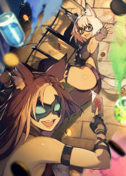 Rule 34 | 2girls, animal ear fluff, animal ears, armband, black legwear, brown hair, card, cat ears, cat tail, coin, domino mask, fingerless gloves, forehead, gloves, heterochromia, hide (hideout), highres, looking at viewer, mask, multiple girls, open mouth, original, rope ladder, short hair, tail, thighhighs, white hair
