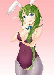 Rule 34 | 10s, 1girl, adapted costume, animal ears, bad id, bad pixiv id, bare shoulders, blue eyes, blush, bow, bowtie, braid, breast rest, breasts, covered navel, detached collar, fake animal ears, green hair, hair over shoulder, heart, kankitsunabe (citrus), kantai collection, large breasts, leotard, long hair, looking at viewer, mole, mole under mouth, open mouth, pantyhose, playboy bunny, purple pantyhose, rabbit ears, single braid, solo, standing, very long hair, yuugumo (kancolle)