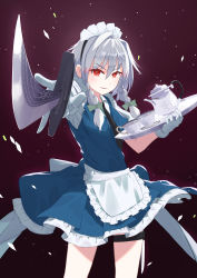 Rule 34 | 1girl, absurdres, apron, black necktie, blue dress, braid, breasts, collared shirt, commentary request, cup, dress, embodiment of scarlet devil, frilled apron, frilled dress, frills, gloves, hair ribbon, highres, holding, holding knife, holding tray, izayoi sakuya, kakaricho dairi, knife, looking at viewer, magenta background, maid, maid apron, maid headdress, medium breasts, necktie, puffy short sleeves, puffy sleeves, red eyes, ribbon, shirt, short hair with long locks, short sleeves, silver hair, simple background, smile, solo, teacup, teapot, thighs, touhou, tray, tress ribbon, twin braids, v-shaped eyebrows, white apron, white gloves, white shirt, wing collar