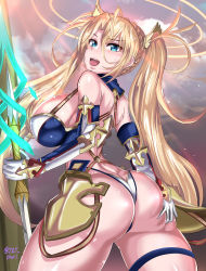 Rule 34 | 1girl, armor, ass, ass grab, bare shoulders, bikini, blonde hair, blue eyes, blush, bradamante (fate), bradamante (third ascension) (fate), braid, breasts, butt crack, crown braid, deep skin, elbow gloves, fate/grand order, fate (series), from behind, gloves, highres, hip focus, huge ass, huge breasts, jet puri, long hair, looking at viewer, open mouth, puripuri jet, revealing clothes, shiny clothes, shiny skin, sideboob, skindentation, smile, solo, sweat, swimsuit, thick thighs, thigh strap, thighs, thong, twintails, two-tone bikini, very long hair, wide hips