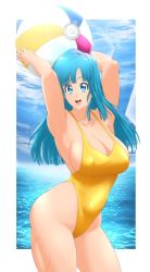 Rule 34 | 1girl, bare shoulders, beach, blue eyes, blue hair, blue sky, breasts, casual one-piece swimsuit, cleavage, curvy, dragon ball, dragonball z, highleg, highleg swimsuit, highres, long hair, looking at viewer, maron (dragon ball), ocean, omiiverse, one-piece swimsuit, shiny skin, sky, smile, swimsuit, water, wet, wide hips, yellow one-piece swimsuit