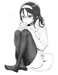 Rule 34 | 1girl, bad id, bad pixiv id, character request, cup, dress, drinking, feet, greyscale, hairband, highres, monochrome, nito (siccarol), no shoes, pantyhose, pillow, ribbed sweater, sitting, solo, steam, sweater, sweater dress, toe scrunch, toes