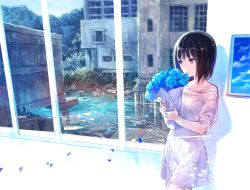 Rule 34 | 1girl, abstract, black hair, blue flower, blue rose, blue sky, bouquet, brown eyes, building, commentary request, day, dress, flower, fuzichoco, holding, holding bouquet, looking away, mountain, original, overgrown, petals, rose, rubble, ruins, scenery, short dress, short hair, sky, solo, standing, surreal, white dress, window