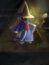 Rule 34 | 2014, androgynous, black mage, black mage (fft), black mage (final fantasy), dated, faceless, final fantasy, final fantasy tactics, full body, gender request, gradient background, hat, highres, solo, staff, vafar7, wizard hat, yellow eyes