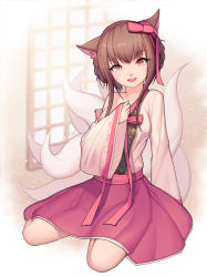 Rule 34 | 1girl, absurdres, ahri (league of legends), animal ears, bad id, bad pixiv id, breasts, brown hair, cat ears, cleavage, dduck kong, dynasty ahri, fang, fox ears, hanbok, highres, korean clothes, large breasts, league of legends, long sleeves, looking at viewer, medium hair, open mouth, pink ribbon, pink skirt, ribbon, sitting, skirt, smile, solo, yellow eyes