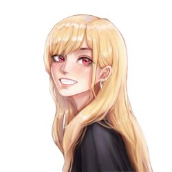 Rule 34 | 1girl, absurdres, barbell piercing, black shirt, blonde hair, ear piercing, earrings, eyebrows hidden by hair, face, grin, highres, idaero ace, jewelry, kitagawa marin, long hair, looking at viewer, piercing, red eyes, shirt, simple background, smile, solo, sono bisque doll wa koi wo suru