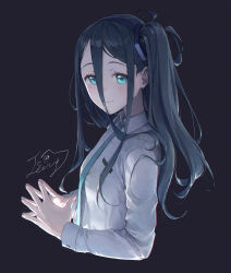 Rule 34 | 1girl, aris (blue archive), black background, black hair, black ribbon, blue archive, blue eyes, closed mouth, commentary request, dress shirt, hair between eyes, hair ribbon, highres, hood, long hair, long sleeves, looking at viewer, nyamunyamu, own hands together, ribbon, shirt, signature, smile, solo, steepled fingers, upper body