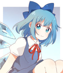 Rule 34 | 1girl, blue background, blue bow, blue dress, blue eyes, blue hair, bow, cirno, closed mouth, collared shirt, dress, gradient background, hair bow, highres, ice, ice wings, looking at viewer, outside border, pinafore dress, sasaki sakiko, shirt, short sleeves, sleeveless dress, smile, solo, touhou, white shirt, wings